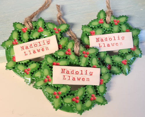 Handmade Nadolig Llawen Ceramic Wreath Decoration