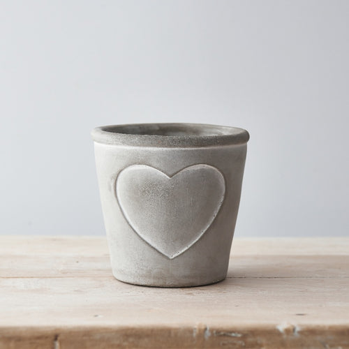 Cement Pot White Heart Outline 9.5cm